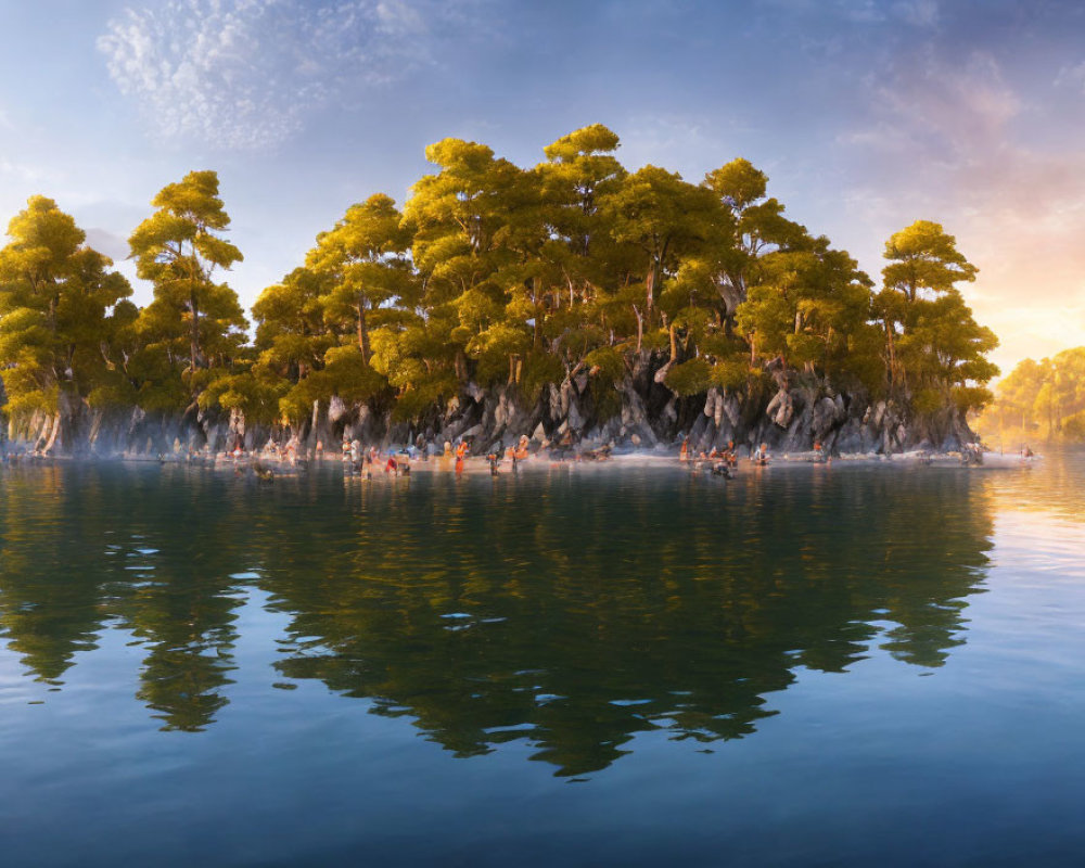 Tranquil island with pine trees and rocky base mirrored in serene water at golden hour