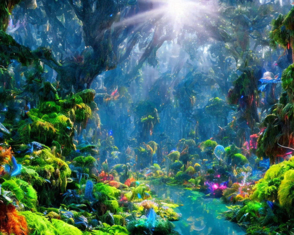 Mystical forest with lush greenery, sparkling lights, and serene stream