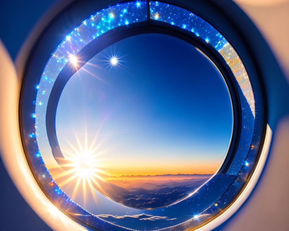 Airplane Window View of Sunrise and Starry Sky with Mountain Horizon