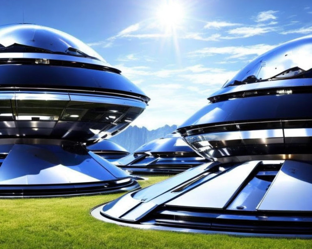 Reflective domed buildings on green lawn under clear blue sky