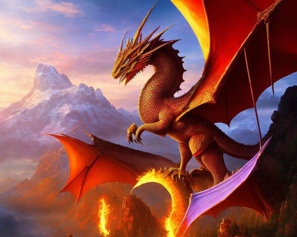 Majestic dragon with fiery breath overlooking mountain landscape at sunset