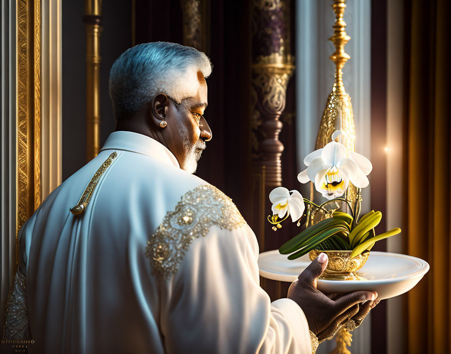 Man in ornate robes admiring glowing orchid display against elegant backdrop