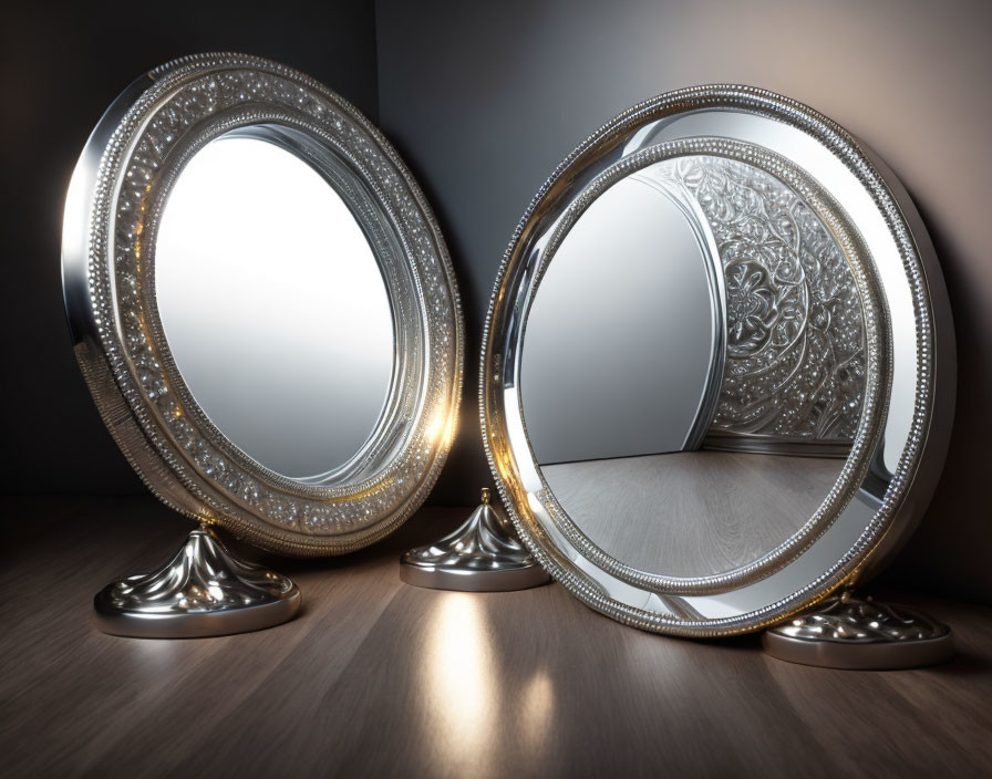 Ornate circular mirrors with intricate frames on gray background