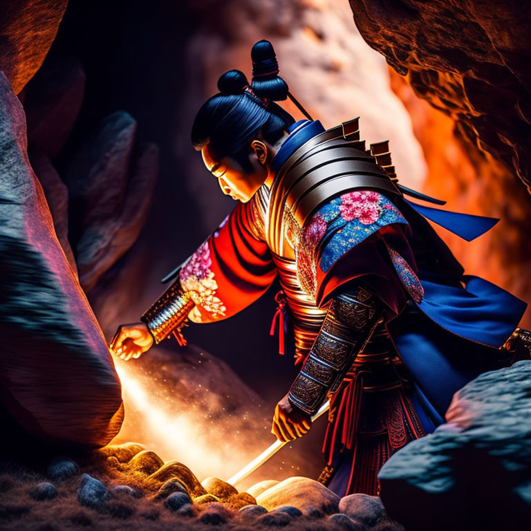 Samurai in traditional armor kneeling in cave with mystical glow.