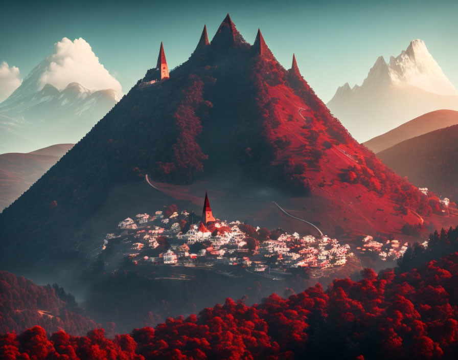 Scenic village on slope with pointed mountains and red sky