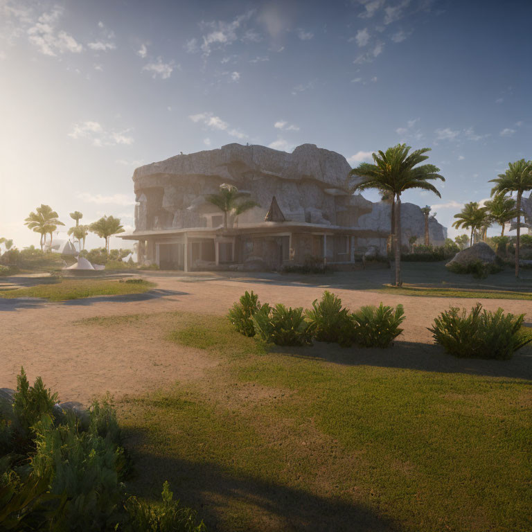 Tropical resort with large rock structure and palm trees under clear morning sky