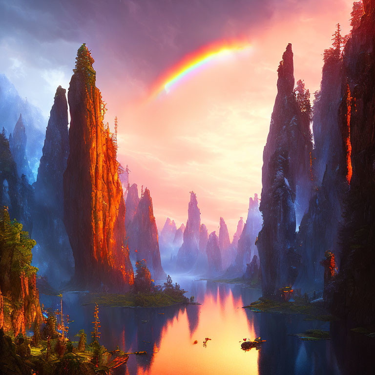 Majestic landscape with rock formations, lake, boats, rainbow, sunset sky