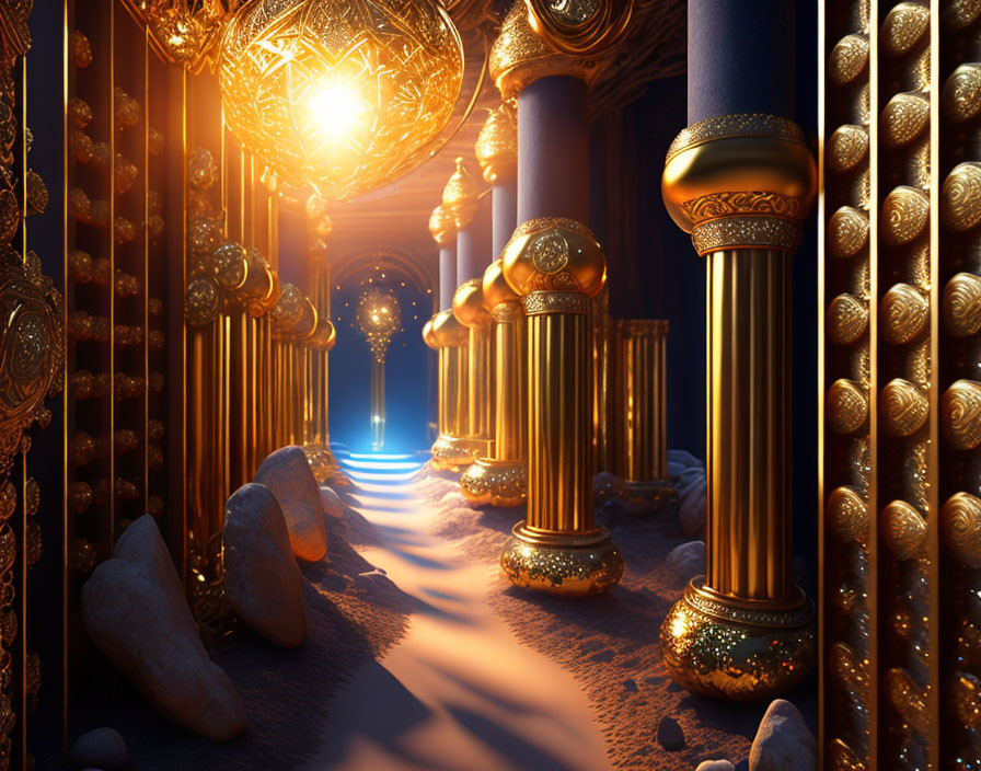 Luxurious corridor with golden columns, intricate patterns, glowing orbs, and blue light.