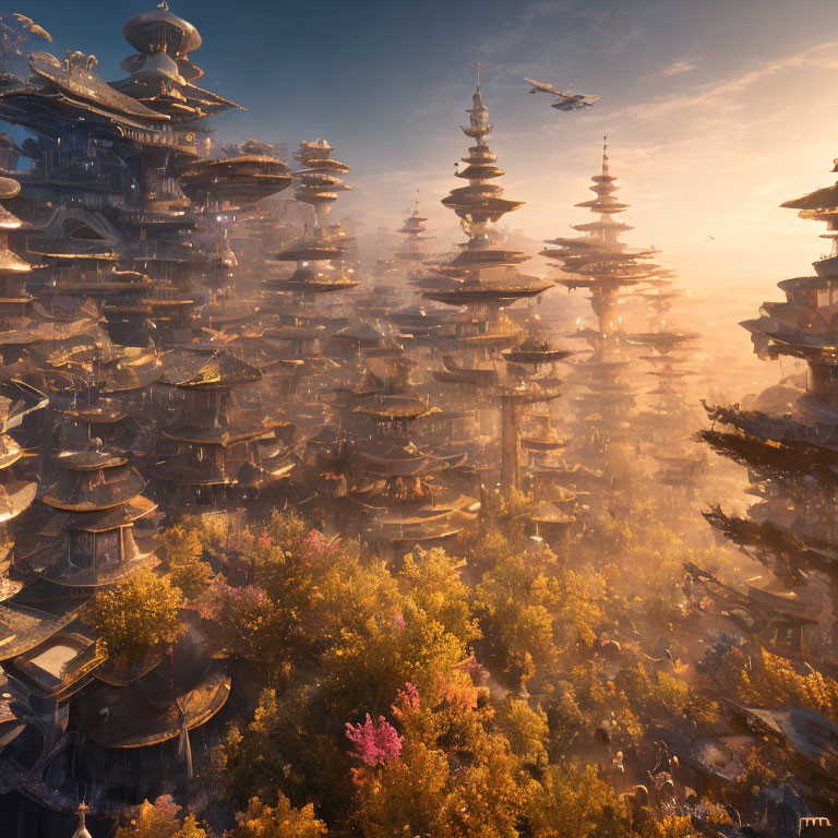 Fantastical cityscape with layered pagodas in golden mist and colorful foliage