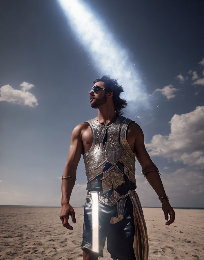 Armored man in sunglasses on sandy terrain under bright sky