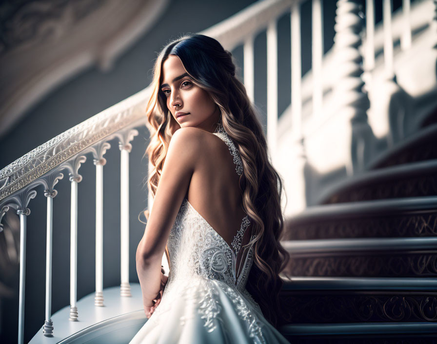 Woman in elegant dress with low-cut back poses on grand staircase