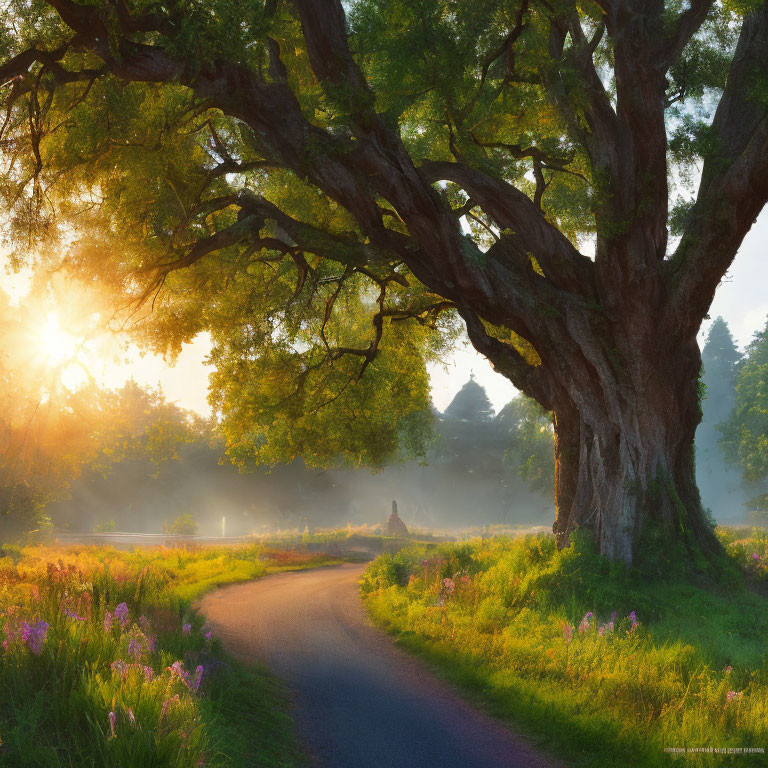 Tranquil Path with Sunlit Tree and Flora