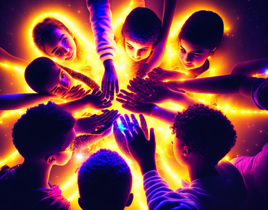 Children united in glowing magical energy symbolize unity and empowerment.