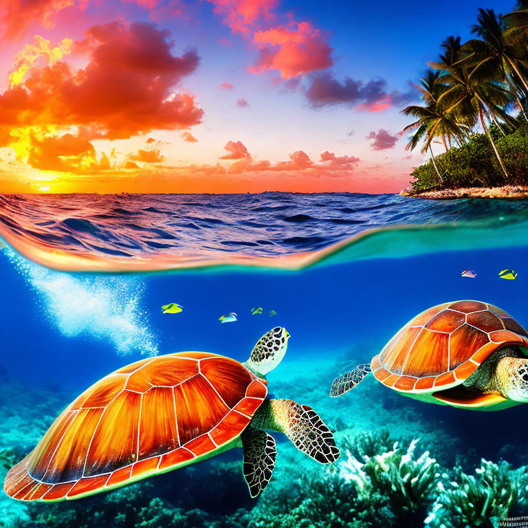 Tropical Beach Sunset with Sea Turtles and Coral Reef