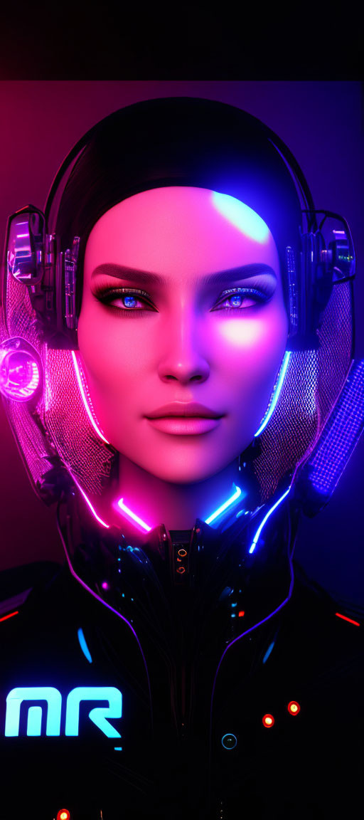 Futuristic digital portrait of a woman with neon-lit headphones