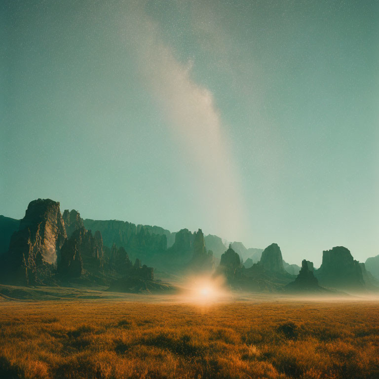 Sunlight through mist over golden field with rock formations against hazy sky