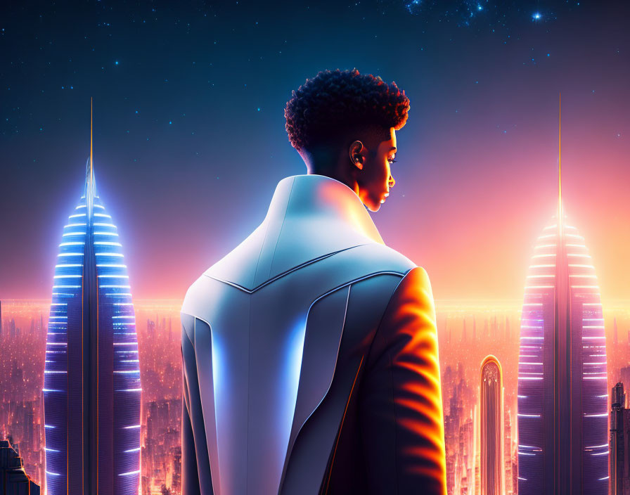 Futuristic white suit person gazes at neon-lit skyline