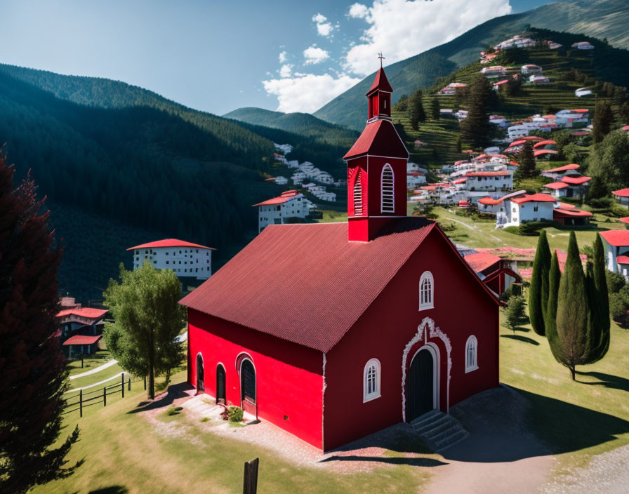 Red and White Church in Green Valley on Sunny Day