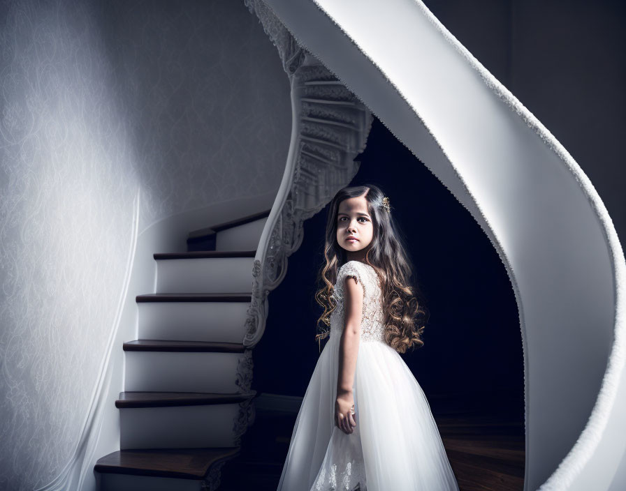 Young girl in white dress by elegant spiral staircase