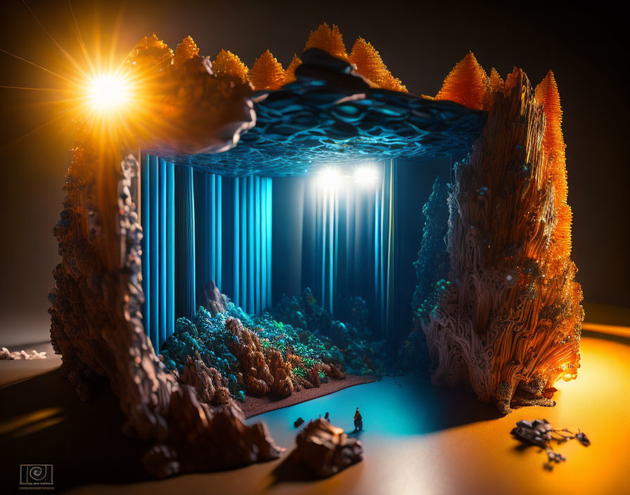 Miniature Landscape Diorama with Sun, Rock Formations, and Underwater Scene