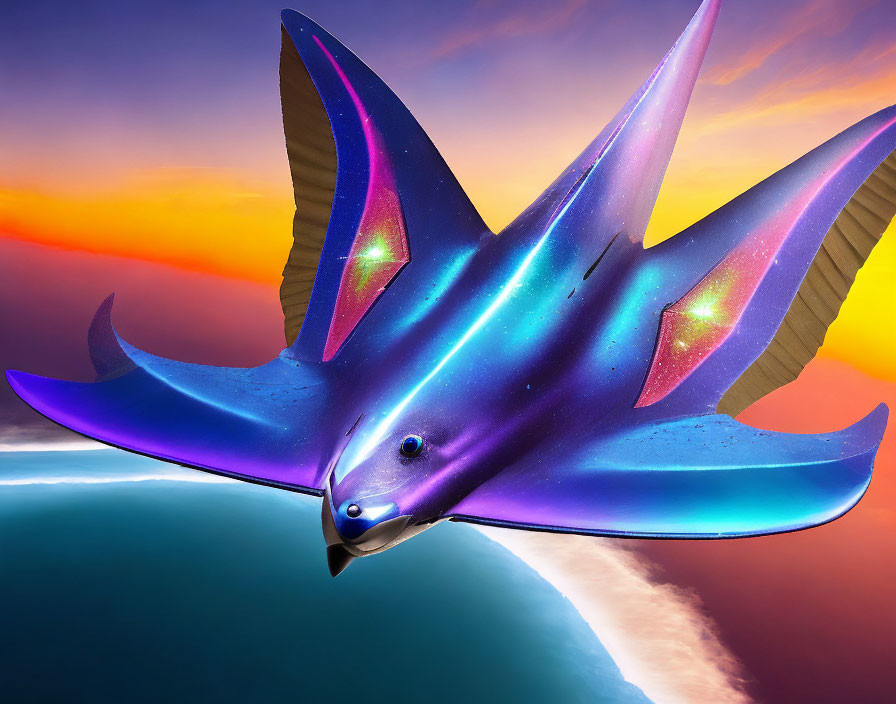 Stylized blue and purple bird in cosmic texture flying over ocean horizon