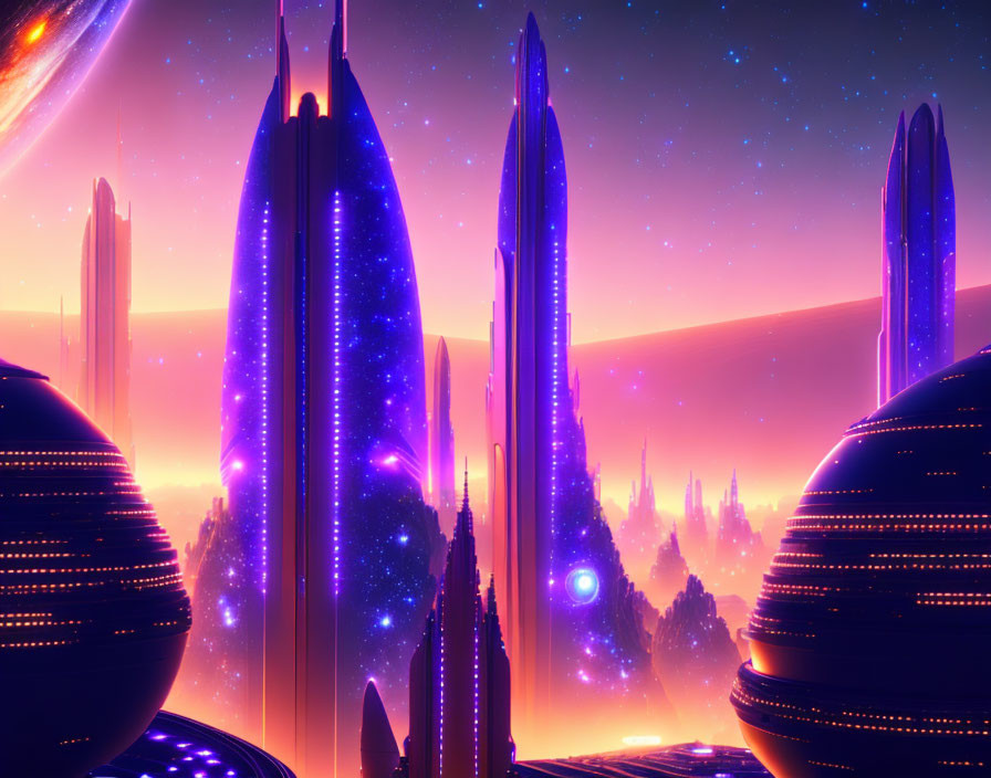 Glowing neon-lit futuristic city under cosmic sky