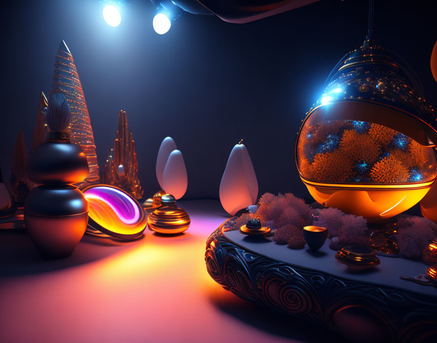 Abstract illuminated shapes and coral-like structures in futuristic still life.