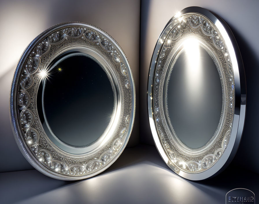 Ornate Oval Mirrors with Intricate Frames on Soft Gray Background