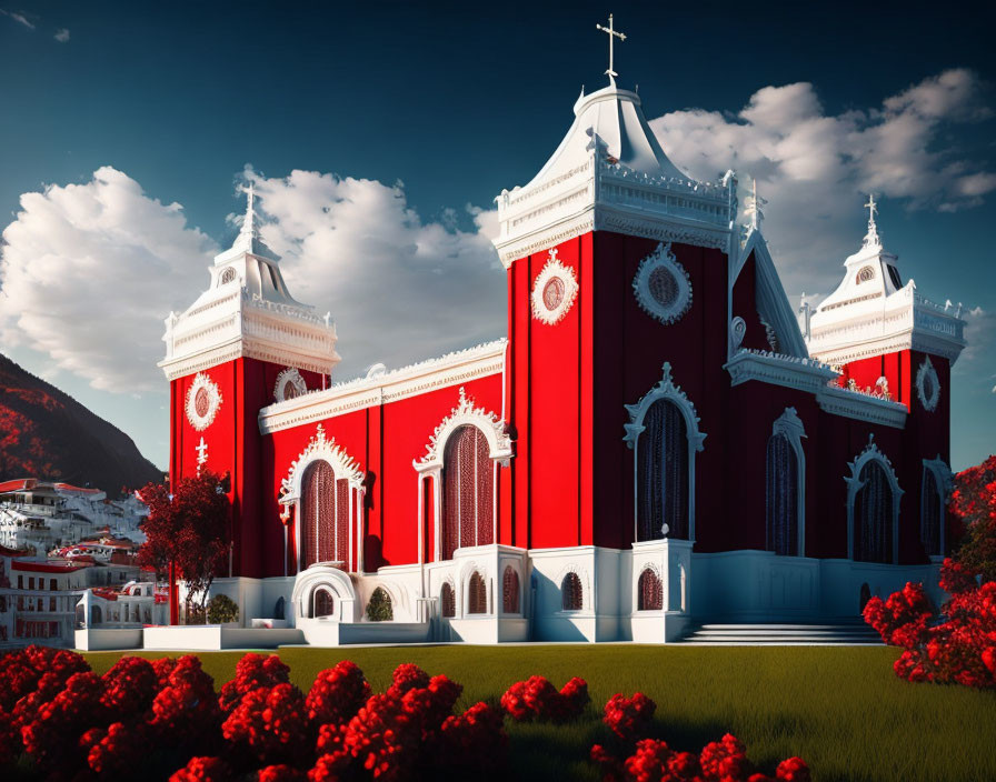 Red Gothic-style church with white accents and spires against green hills and blue sky