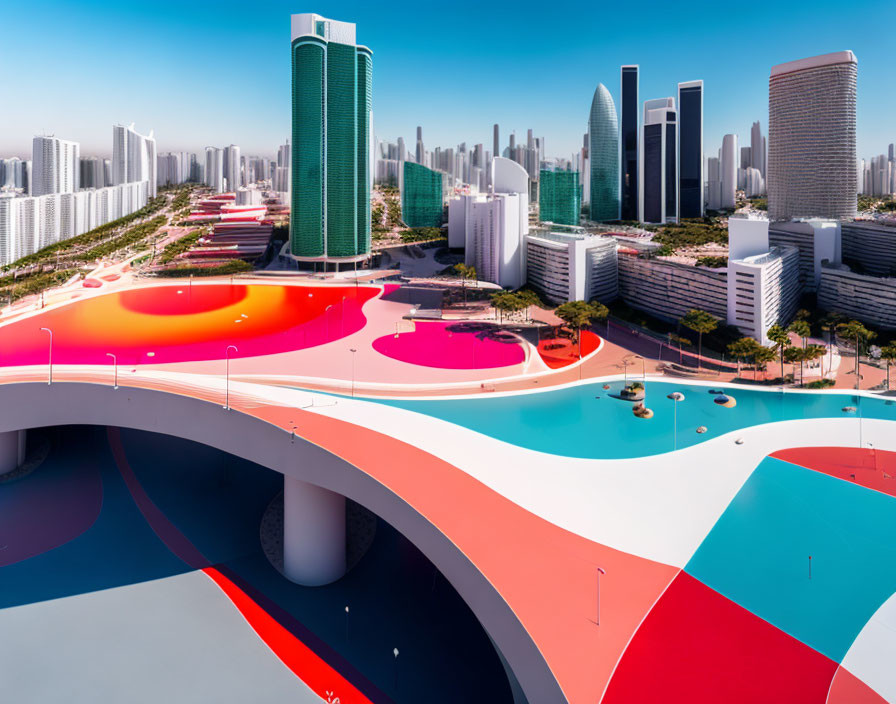 Colorful abstract cityscape with skyscrapers and greenery in clear blue sky