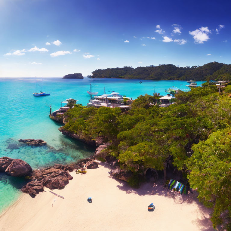 Scenic Tropical Beach with Clear Blue Waters and Boats