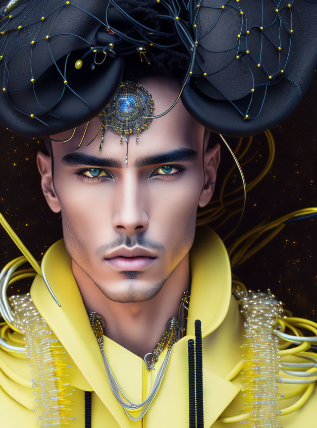 Male digital figure with blue eyes, black hat, gold jewelry, and yellow coat.