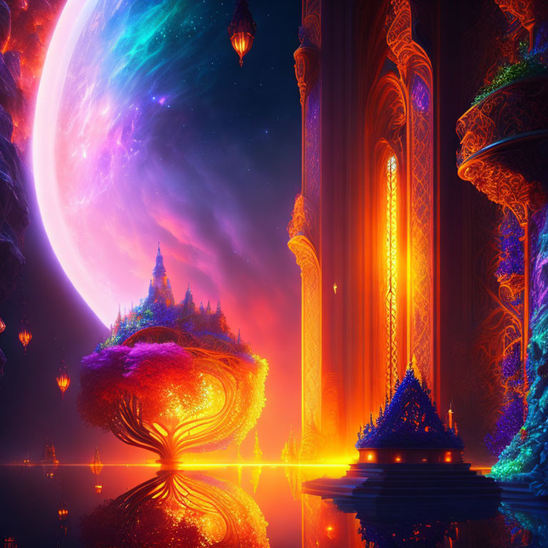 Majestic alien architecture, glowing tree, celestial body in vibrant fantasy landscape