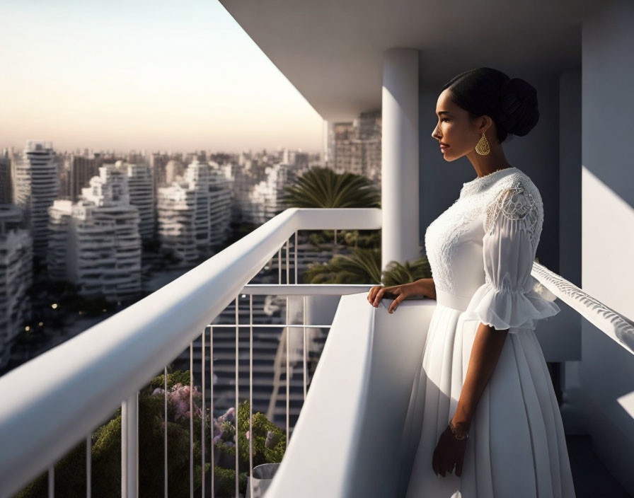 Woman in white dress on balcony gazes at cityscape at dusk