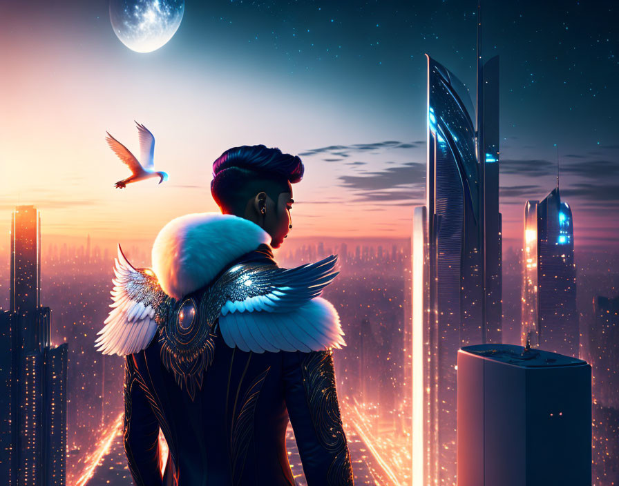 Person with angelic wings overlooking futuristic cityscape at dusk with bird and large moon.