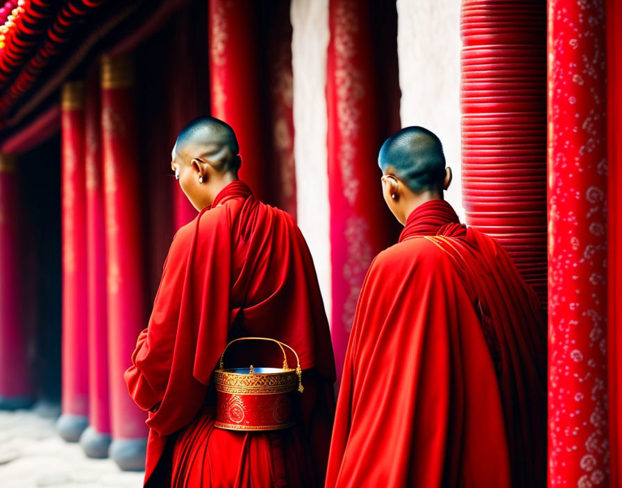 Monks in Red Robes Holding Alms Bowls Beside Red Pillars