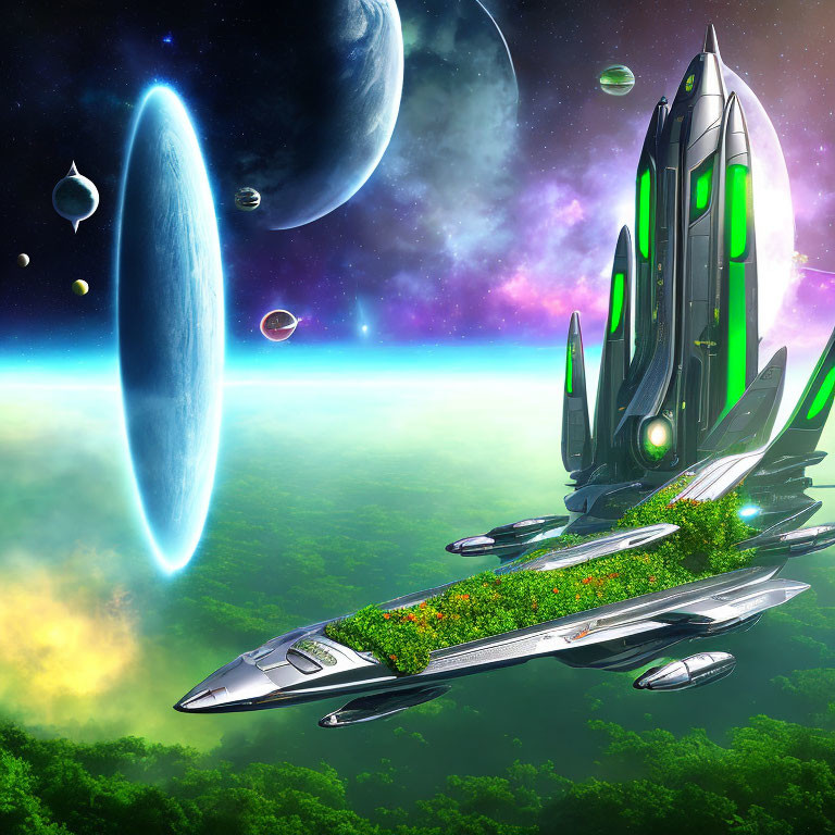 Futuristic city with towering structures and greenery on hovering vessels orbiting in space