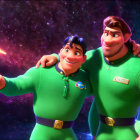 Two characters in green space uniforms smiling with galaxy backdrop