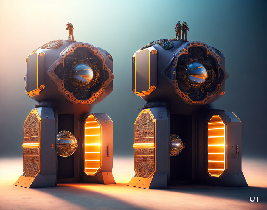 Futuristic spherical capsules with open doors and orange interior light on platforms.