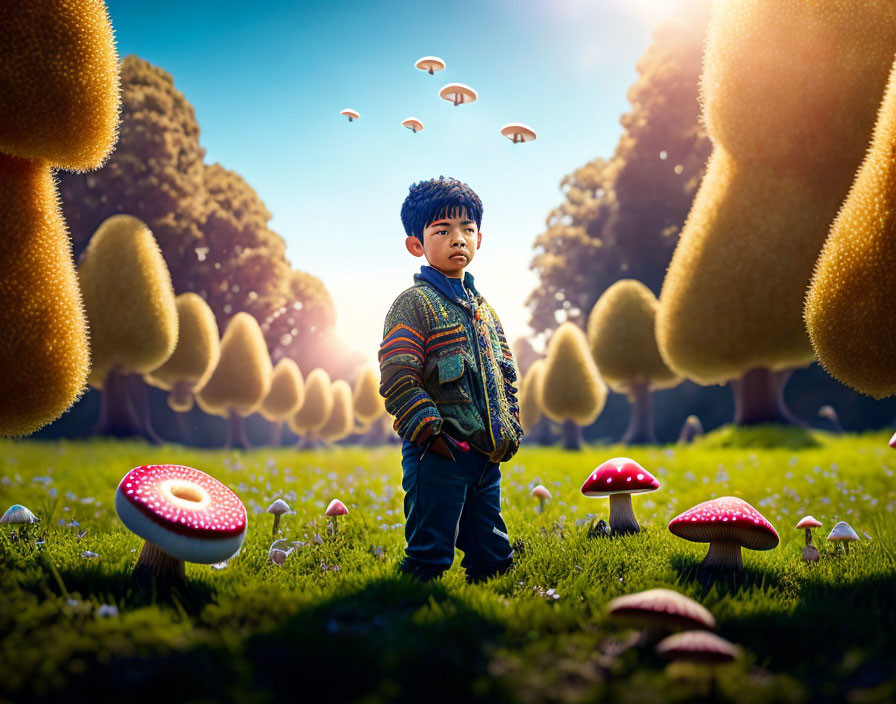 Child in oversized mushroom forest under warm sunlight