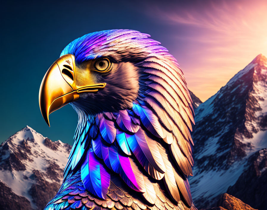 Colorful Digital Artwork: Eagle with Iridescent Feathers & Mountain Peaks at Sunset