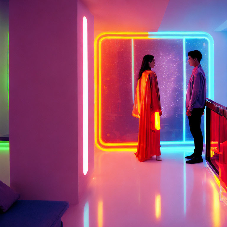 Neon-lit room with two people facing each other