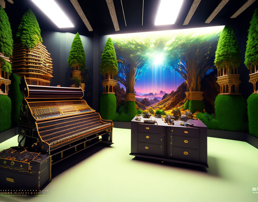 Futuristic room with grand piano, architectural design, topiaries, and vibrant nature scene