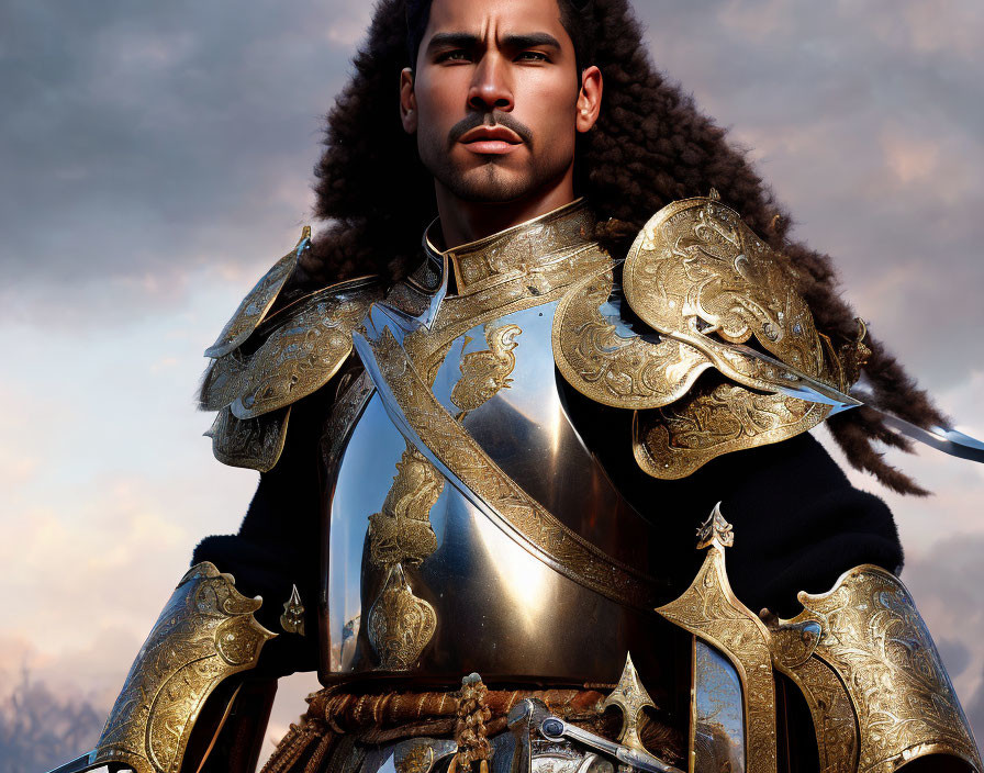 Regal man in golden armor with sword under dramatic sky