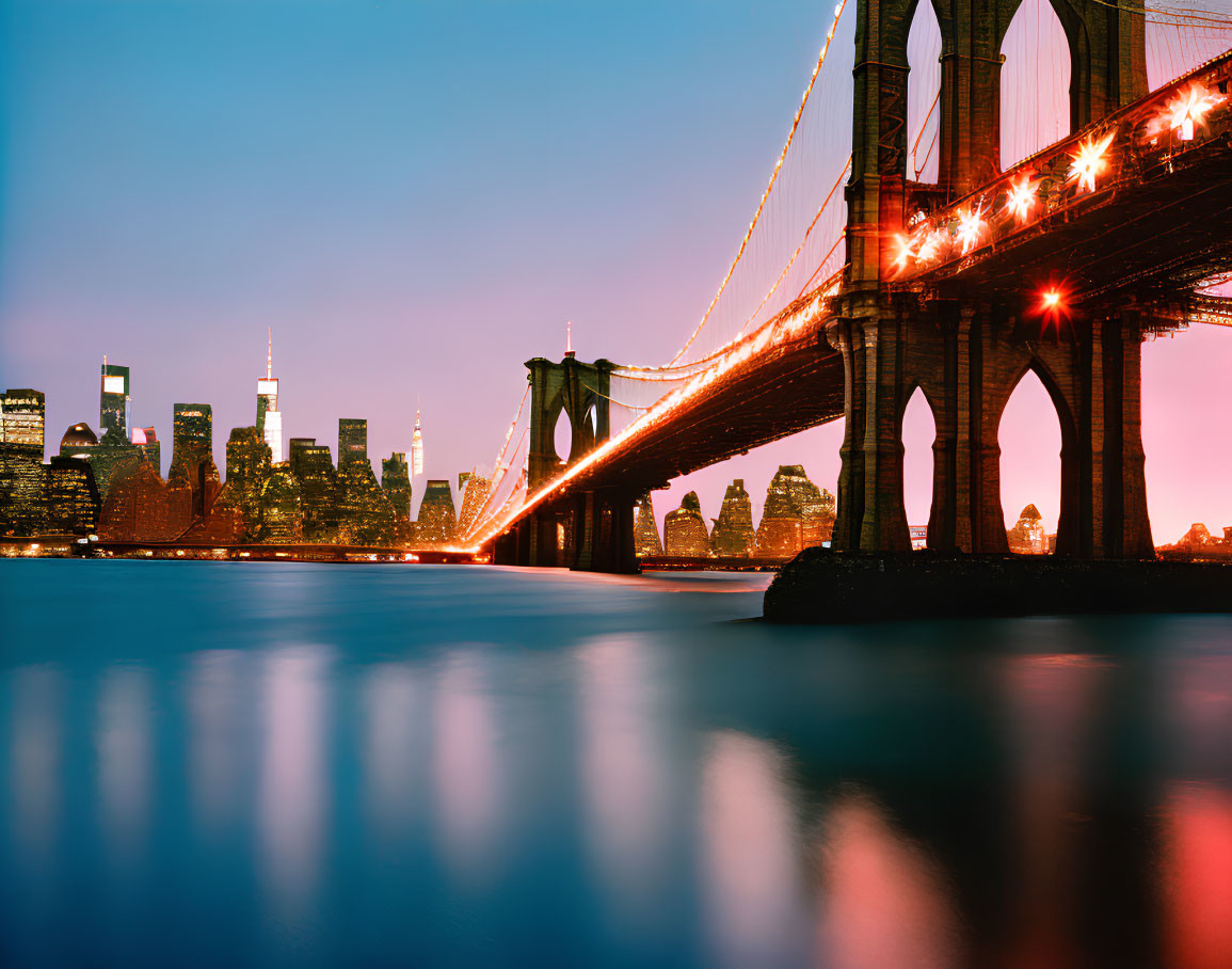 Iconic Brooklyn Bridge at Sunset with NYC Skyline