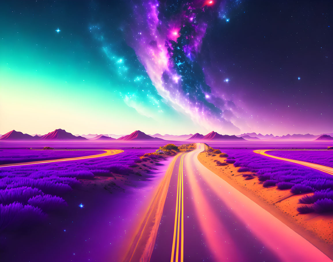 Colorful digital artwork of desert road with purple foliage under starry sky