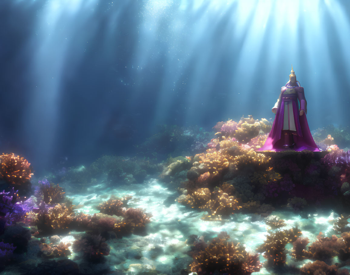 Colorful Coral and Cloaked Figure in Magical Underwater Scene