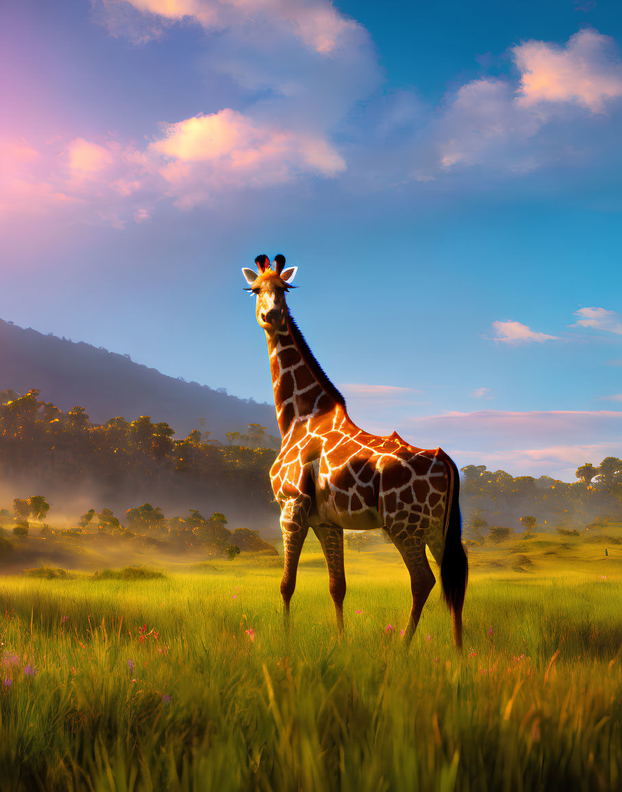 Giraffe in sunlit field with flowers and mountain landscape