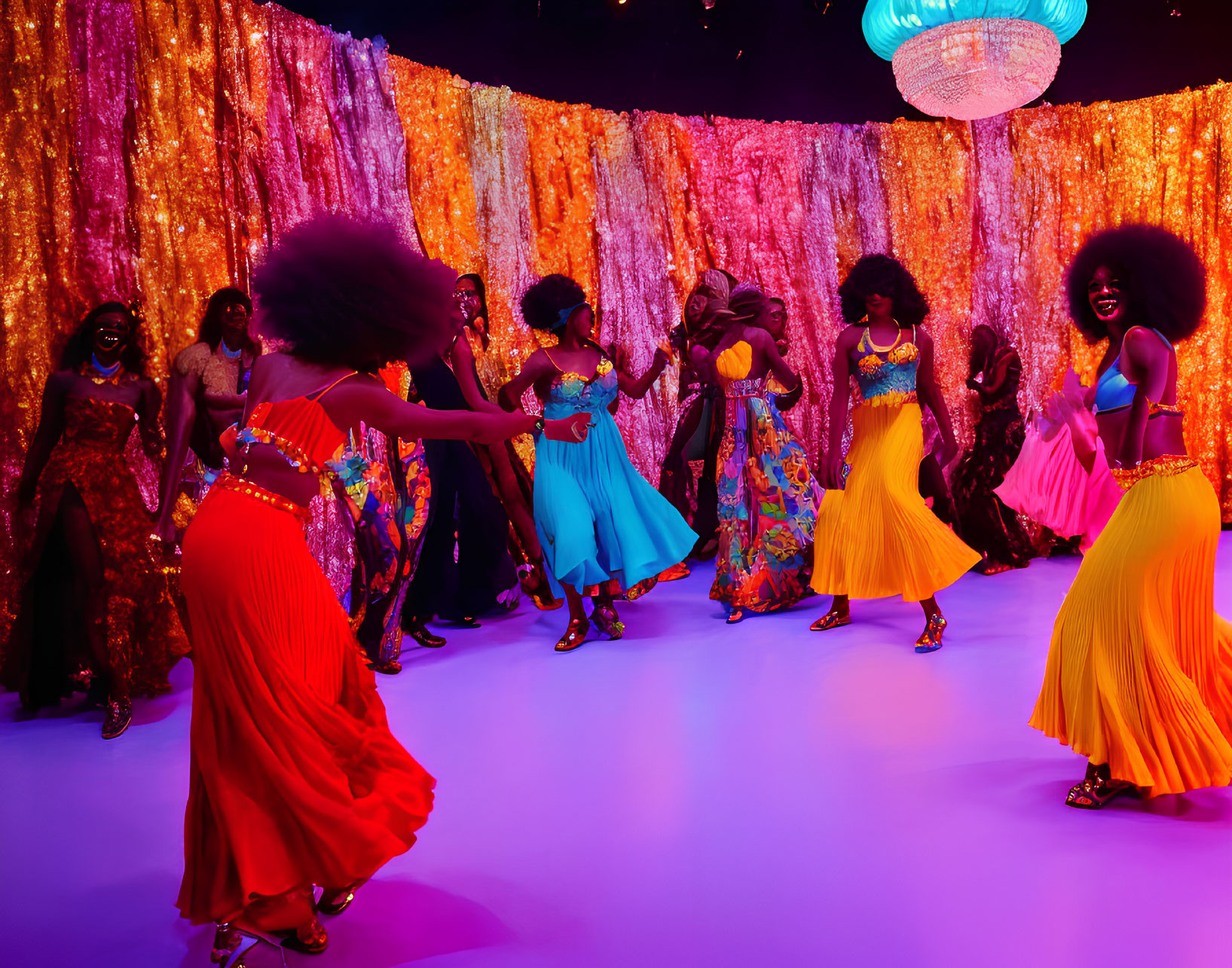 Colorful individuals dancing joyfully in vibrant setting