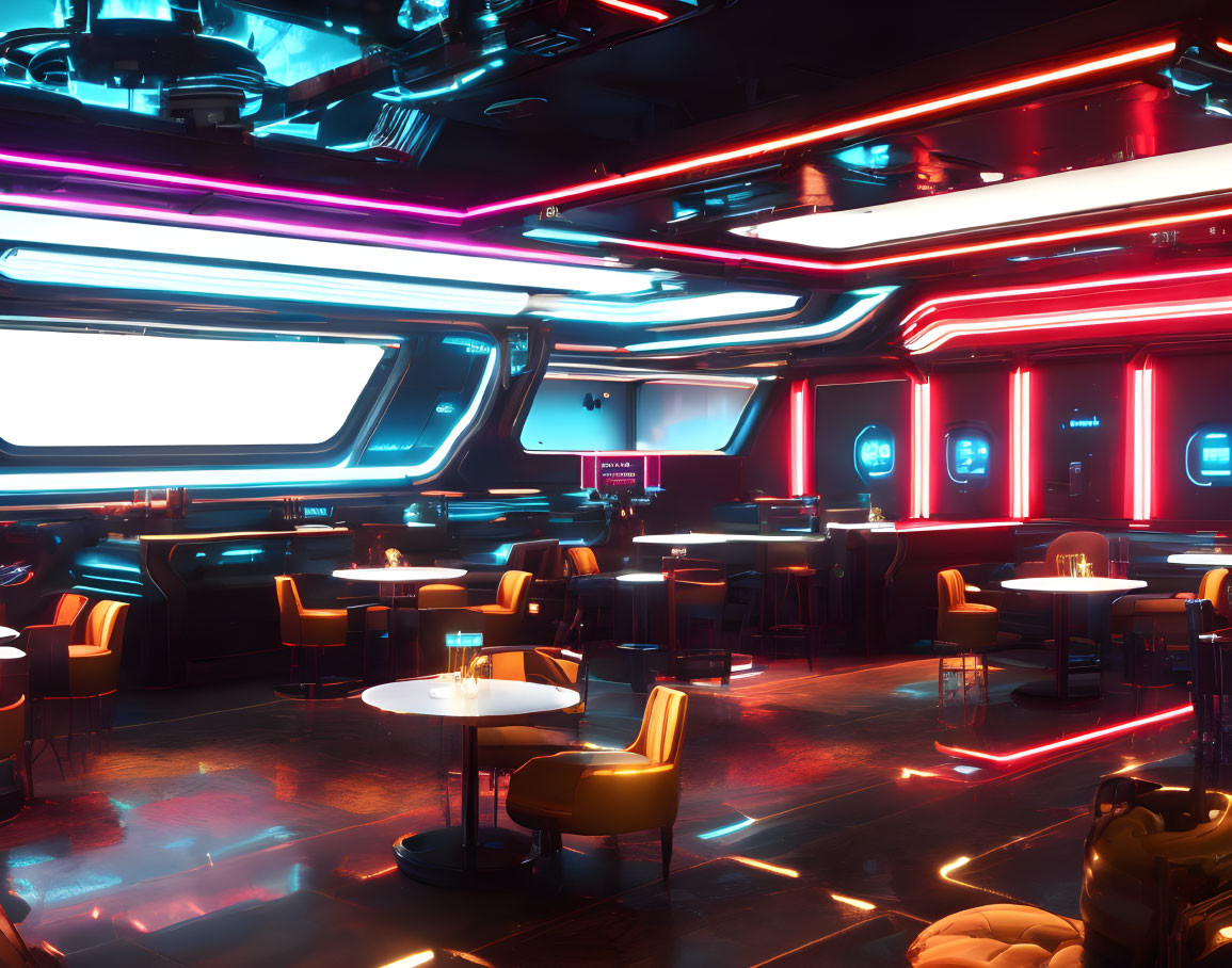 Futuristic Neon-Lit Bar with Glowing Tables and High-Tech Screens